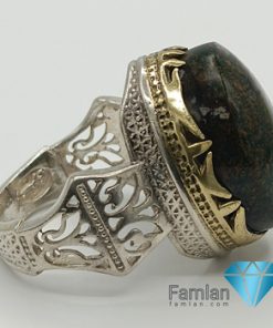انگشتر نقره مردانه تاج طلایی عقیق شجر هفت رنگ خزه ای اصیل و معدنی