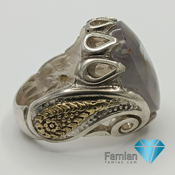 انگشتر نقره مردانه تاج طلایی عقیق شجر دریایی اصیل و معدنی